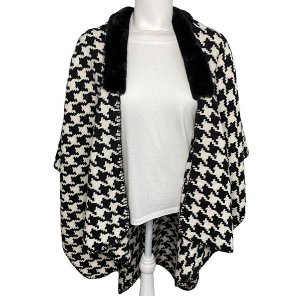 LOFT Cardigan Wrap Women's MEDIUM‎ Black White Faux-Fur Collar Draped NWOT - Picture 2 of 5